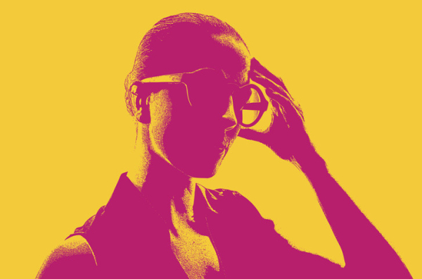Bright yellow background and pink silhouette print of a woman from the shoulders up, wearing glasses and looking pained, head slightly tipped and the fingers of one hand on her temple